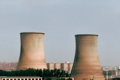 Cooling towers of a power plant are depicted.