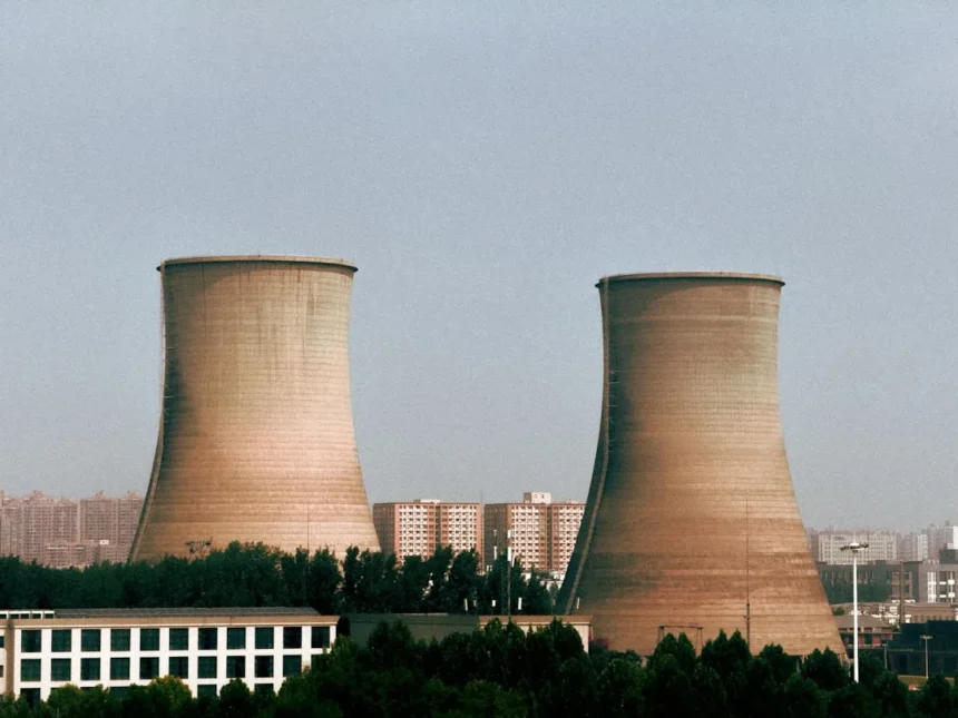 Cooling towers of a power plant are depicted.