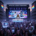 Apple's 50th anniversary marks a rare nostalgic moment for the tech giant — AI-generated illustration