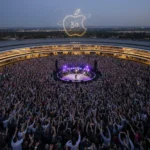Apple's 50th Anniversary Peaks With Paul McCartney at Apple Park — AI-generated illustration