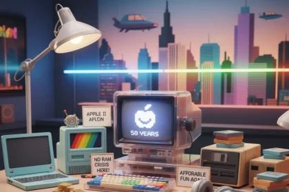 Apple's 50th anniversary celebrates retro computing fun — AI-generated illustration
