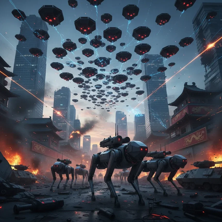 Chinese military swarm drone technology shifts warfare to autonomous collectives — AI-generated illustration