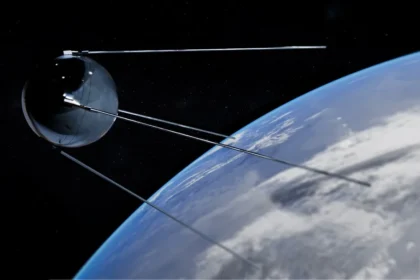 Satellite orbiting earth with clouds below