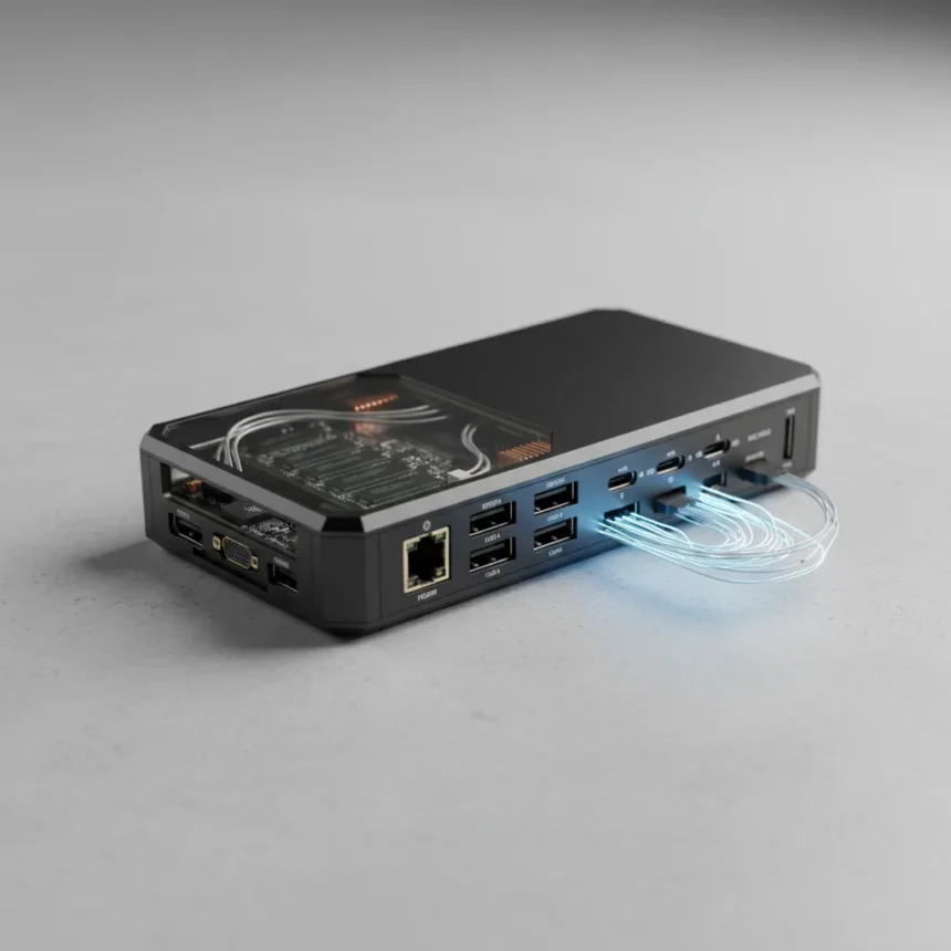 FEVM Panther Lake mini PC is impossibly thin with 13 ports — AI-generated illustration