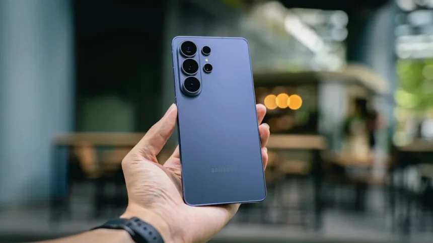 Hand holding a blue smartphone with multiple cameras.