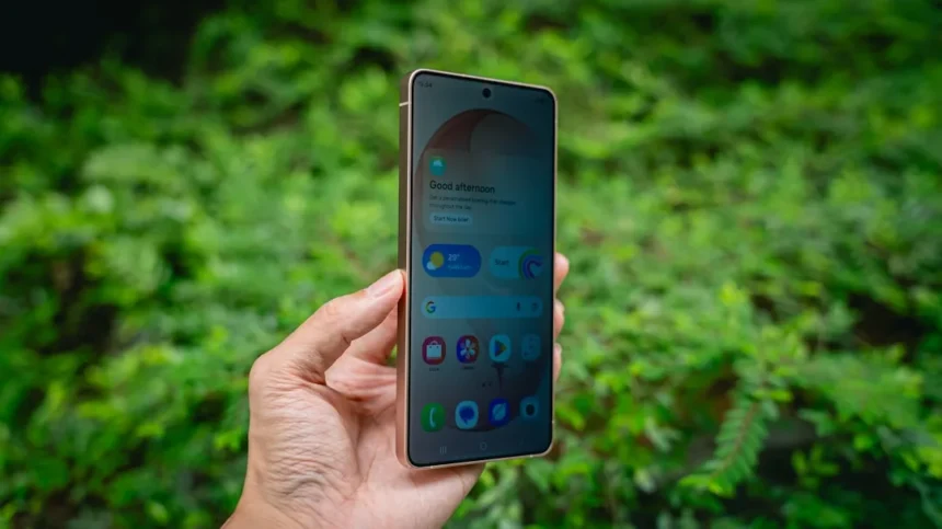 Hand holding a smartphone with green foliage background.