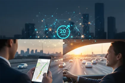 Google Maps traffic prediction cuts commute time by 20 minutes daily — AI-generated illustration
