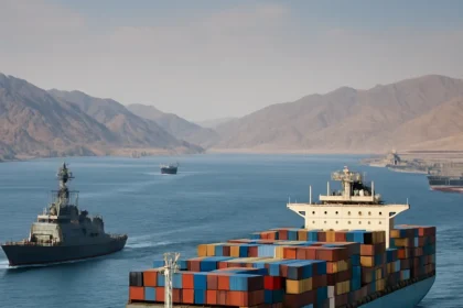 Strait of Hormuz blockade threatens global chip supply chains — AI-generated illustration