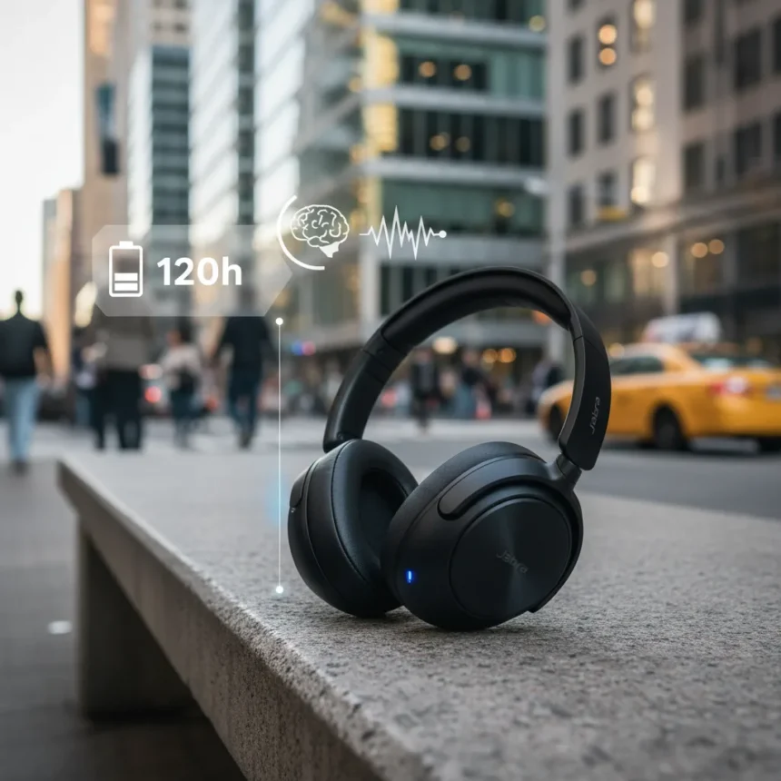 Jabra Evolve3 85 Bridges Premium Headphones and Professional Headsets — AI-generated illustration