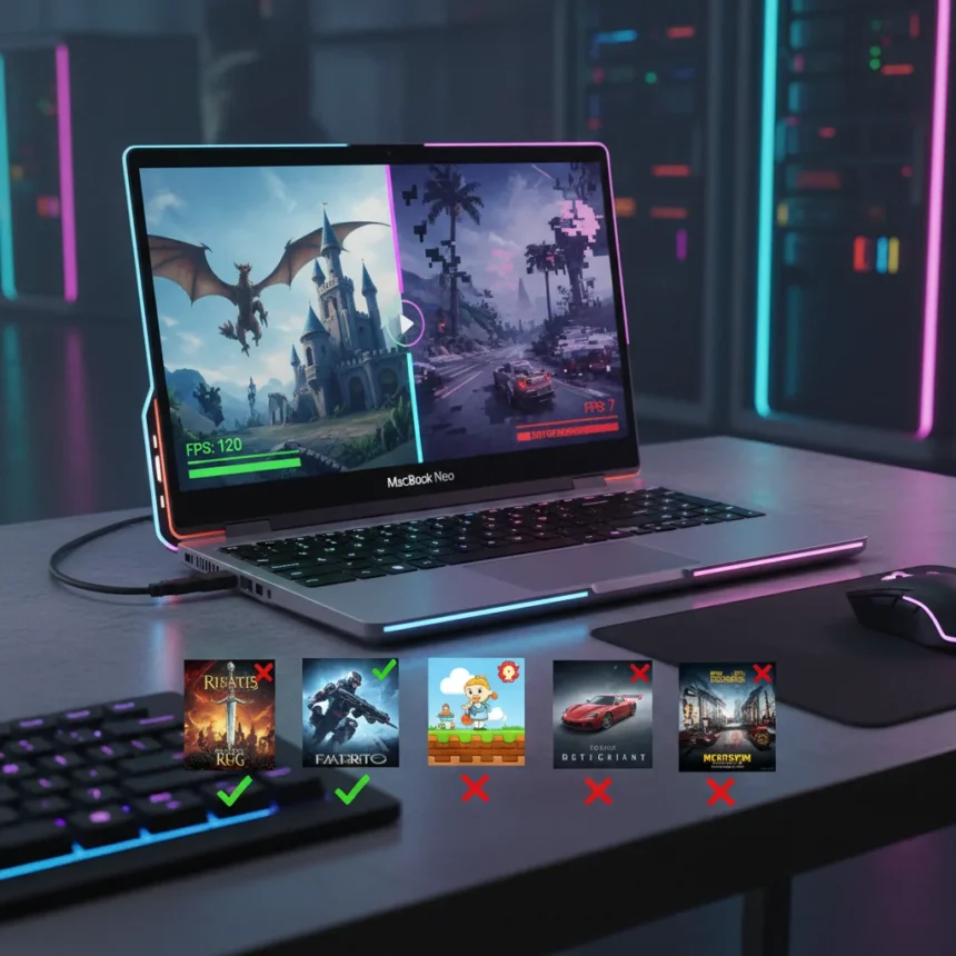 MacBook Neo gaming: 5 games tested, mixed results — AI-generated illustration