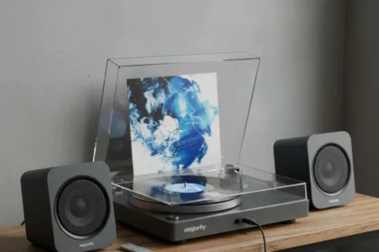 Majority's budget turntable and speakers combo costs under £200 — AI-generated illustration