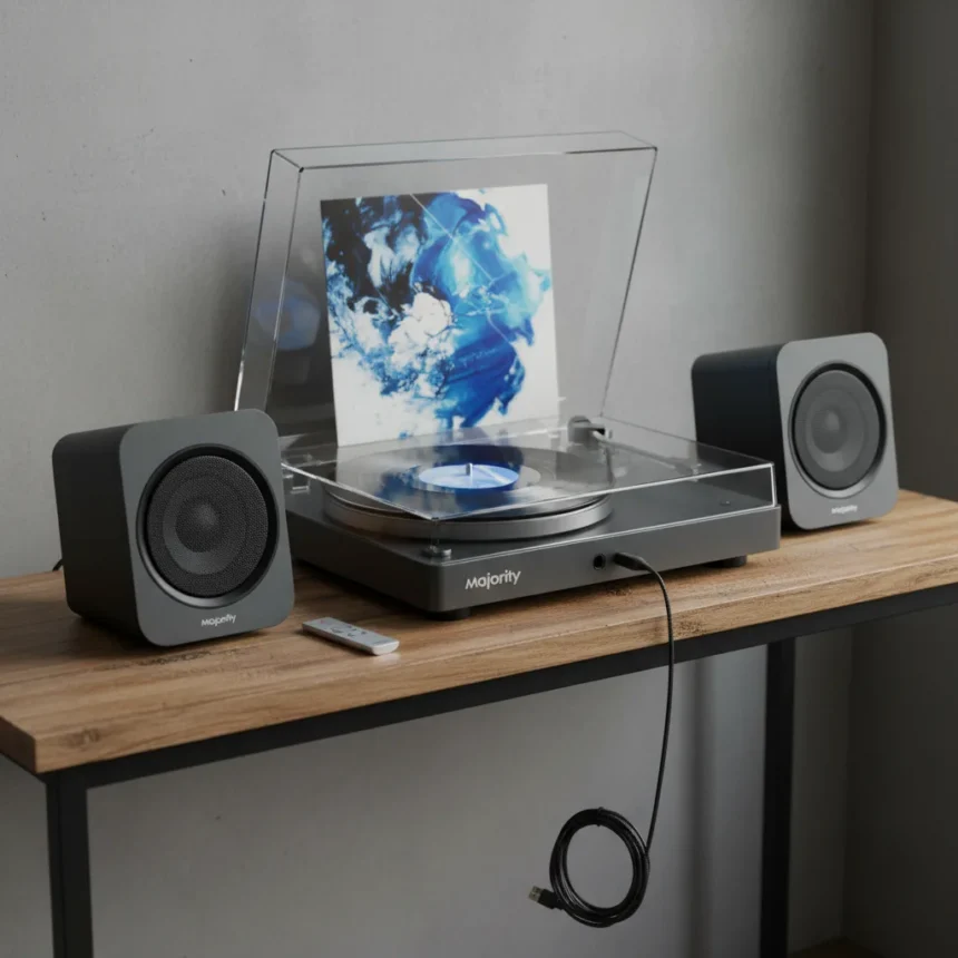 Majority's budget turntable and speakers combo costs under £200 — AI-generated illustration