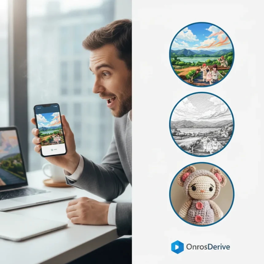 OneDrive AI Restyle transforms photos into anime, sketches, and crochet dolls — AI-generated illustration