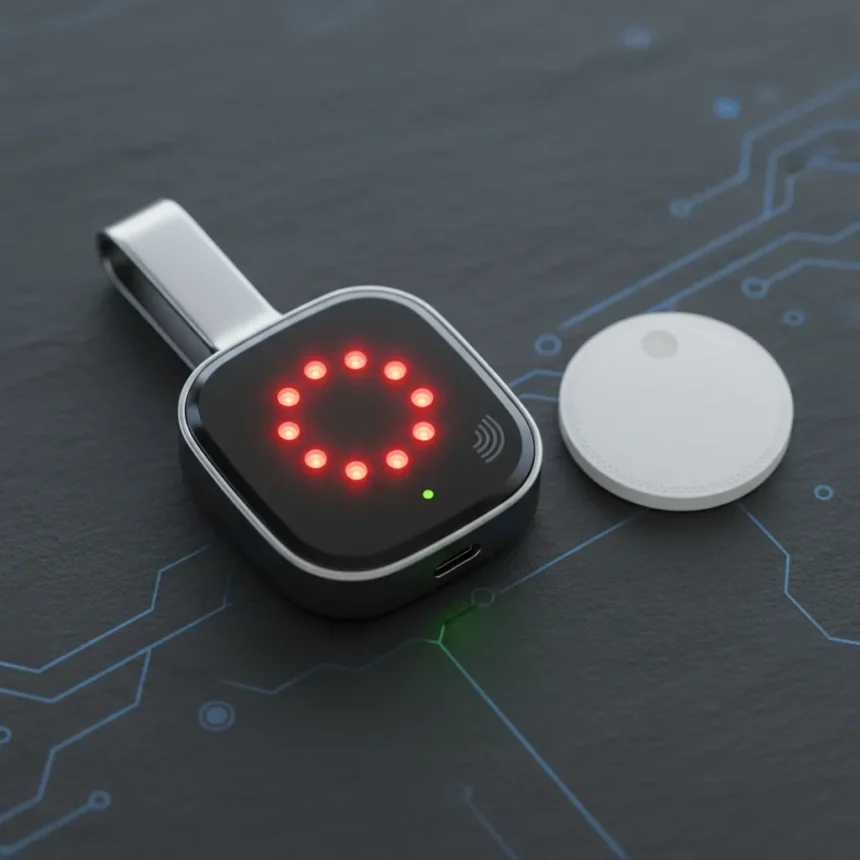 Pebblebee Clip 5 tracker adds emergency alerts AirTag lacks — AI-generated illustration