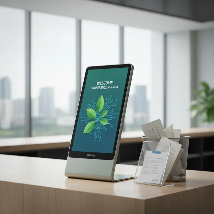 Samsung's 13-inch color e-paper display challenges printed workplace signs — AI-generated illustration