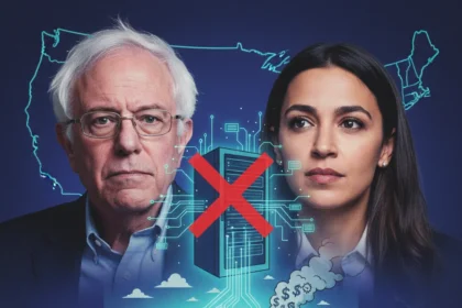 Sanders and AOC's AI data center moratorium bill takes aim at Big Tech — AI-generated illustration