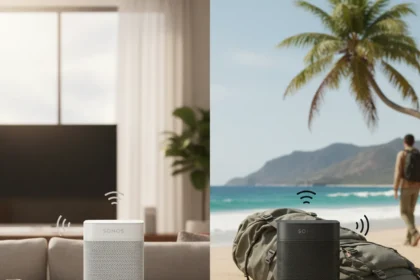 Sonos Play Bridges Home and Travel Without Compromise — AI-generated illustration
