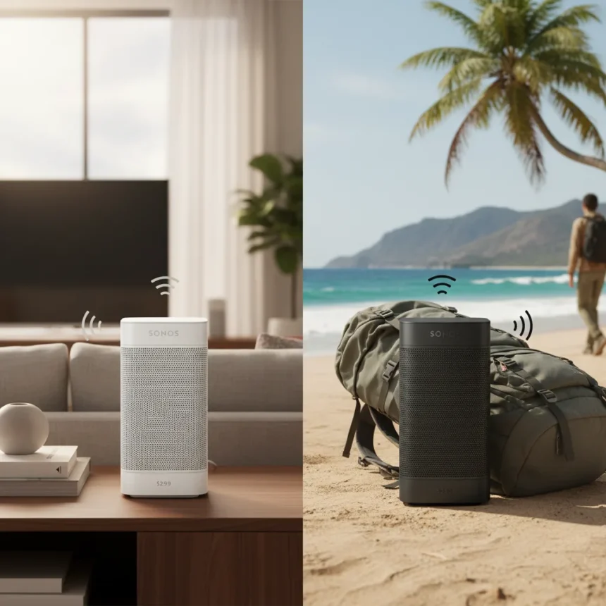 Sonos Play Bridges Home and Travel Without Compromise — AI-generated illustration