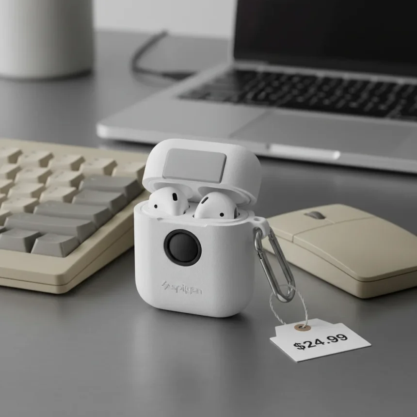 Spigen's AirPods Pro 3 case mimics classic Macintosh mouse design — AI-generated illustration