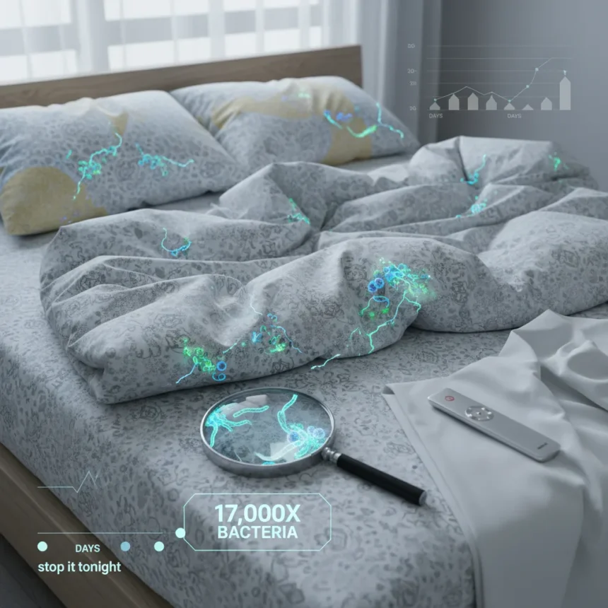 Unwashed bed sheets harbor 17,000 times more bacteria — AI-generated illustration