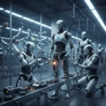 1X NEO humanoid robot builds itself in sci-fi factory moment — AI-generated illustration