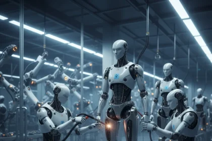 1X NEO humanoid robot builds itself in sci-fi factory moment — AI-generated illustration