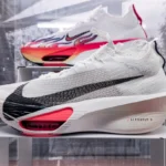 A pair of shoes on display in a glass case