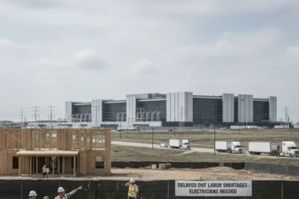 AI data center boom stalls Texas housing, delays homes two months — AI-generated illustration