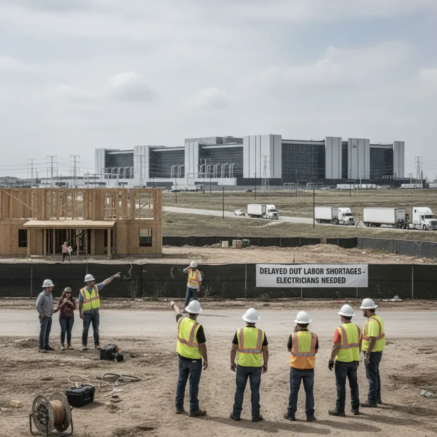 AI data center boom stalls Texas housing, delays homes two months — AI-generated illustration