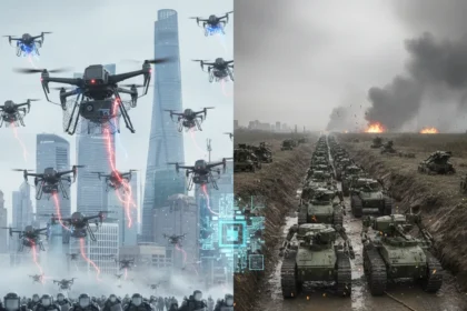 AI-controlled robots reshape warfare and riot control globally — AI-generated illustration