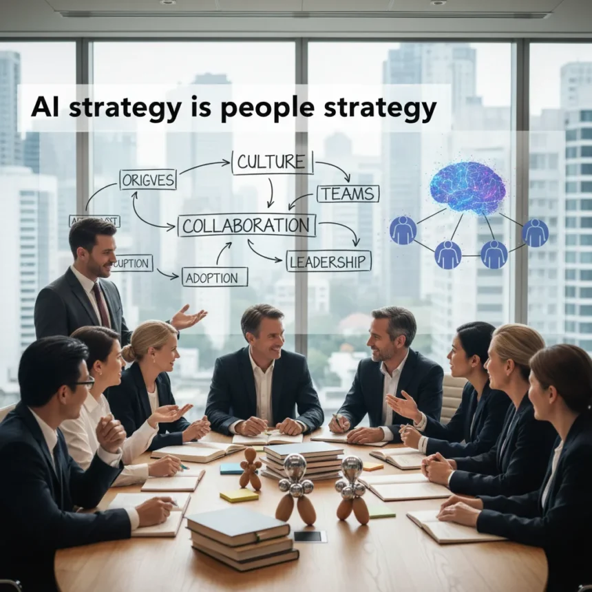 AI strategy is a people strategy, not a tech strategy — AI-generated illustration