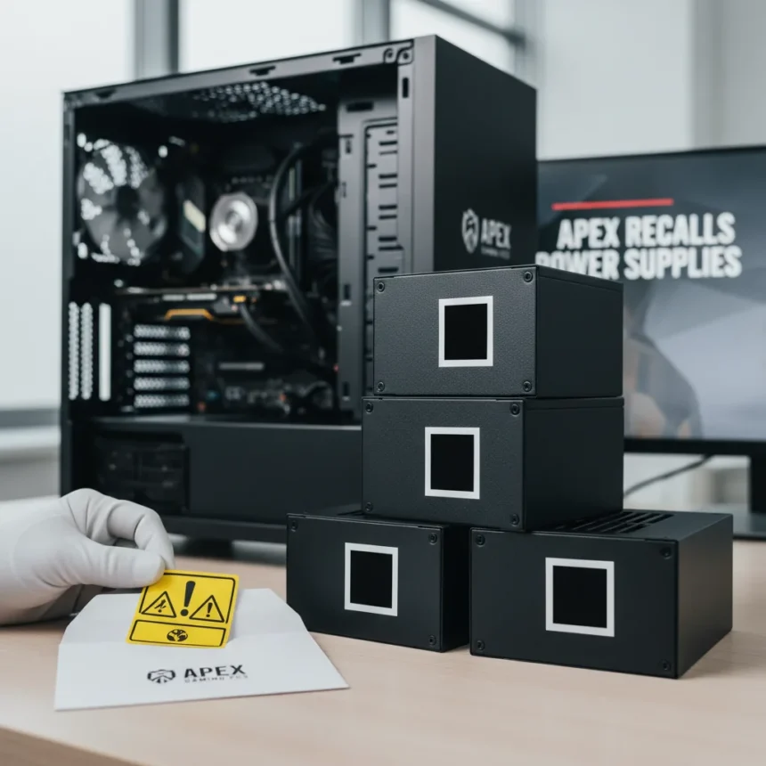 Apex Gaming PCs recalls 18,000 power supplies over missing safety labels — AI-generated illustration