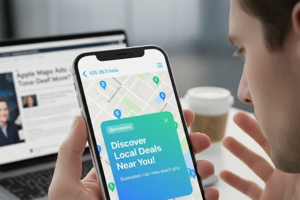 Apple Maps ads pop up in iOS 26.5, sparking user backlash — AI-generated illustration