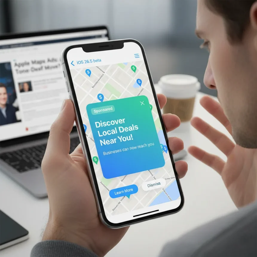 Apple Maps ads pop up in iOS 26.5, sparking user backlash — AI-generated illustration