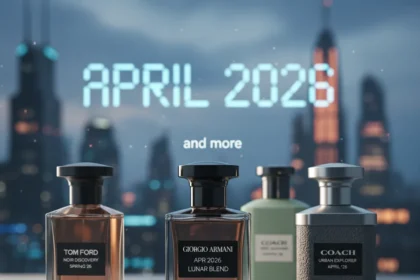 April 2026 men's fragrance launches: Armani, Ford, Coach — AI-generated illustration