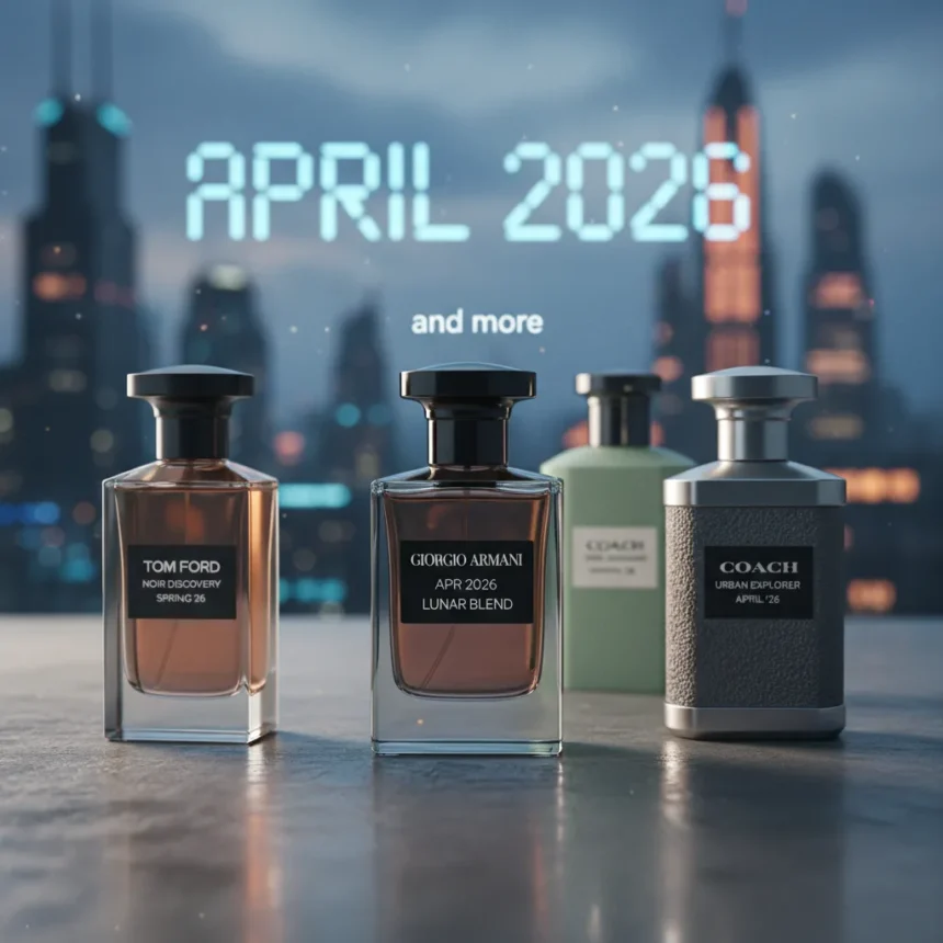 April 2026 men's fragrance launches: Armani, Ford, Coach — AI-generated illustration