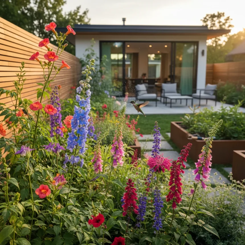 April planting turns backyards into hummingbird havens fast — AI-generated illustration