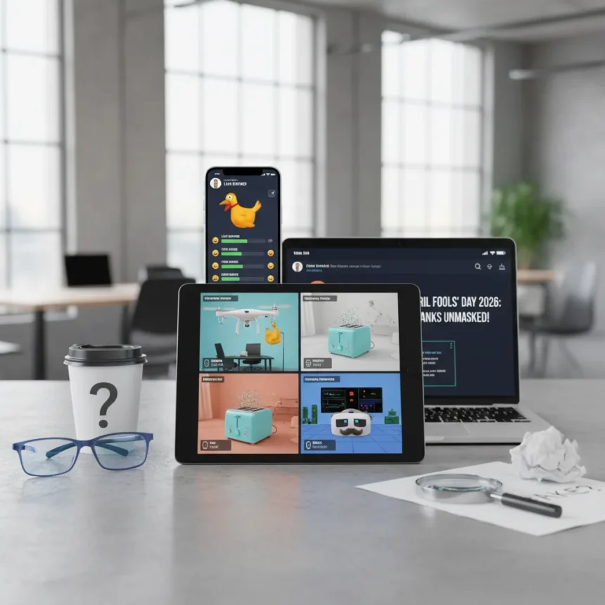 April Fools' Day 2026: Rating company pranks live — AI-generated illustration