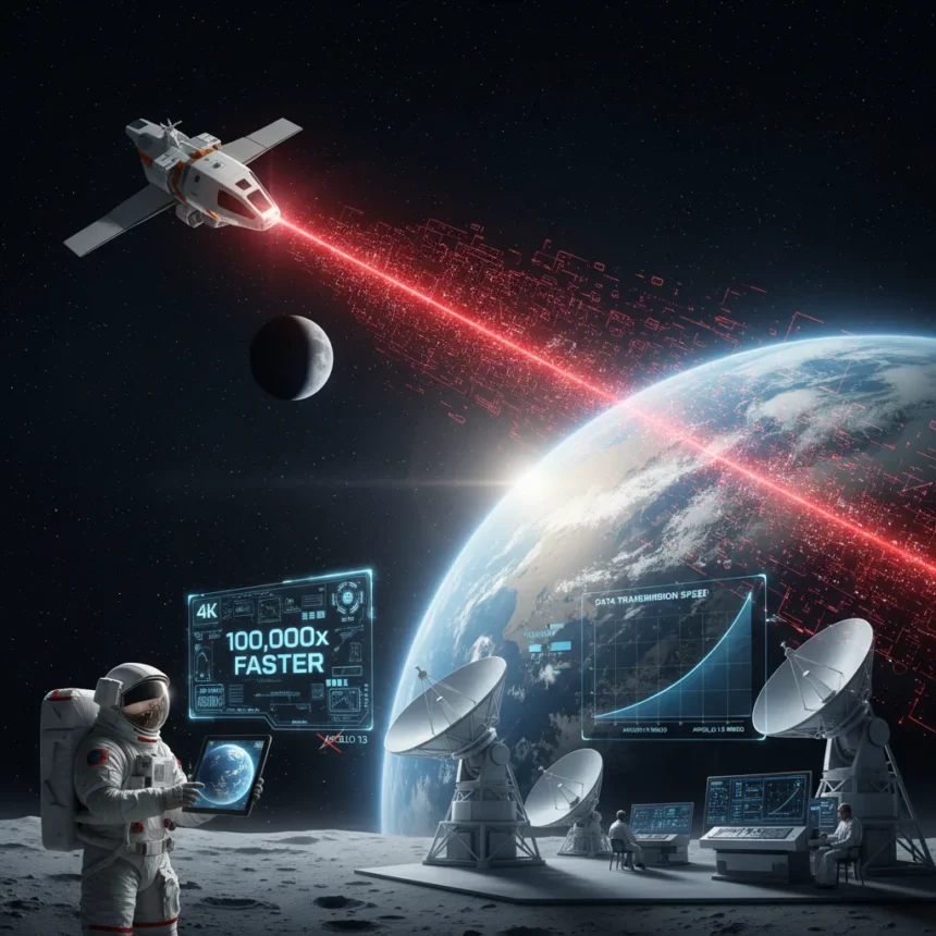 Artemis II laser communications achieve 100000x speed leap — AI-generated illustration