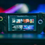 A handheld gaming console with a bright screen