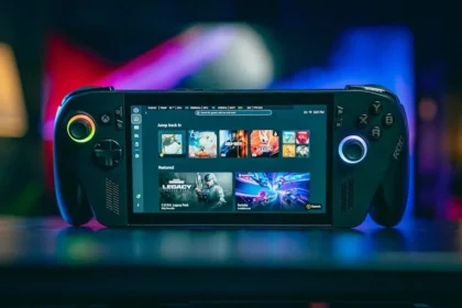 A handheld gaming console with a bright screen