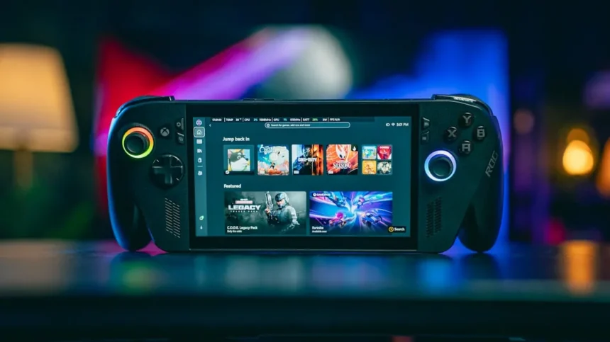 A handheld gaming console with a bright screen