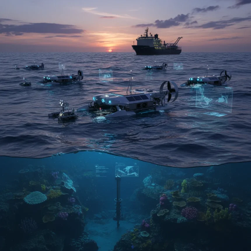 Autonomous ocean robots could replace expensive offshore ships — AI-generated illustration