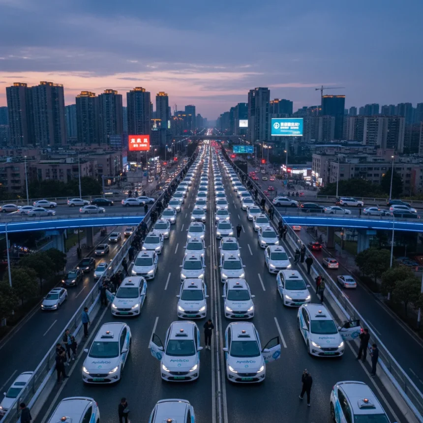 Baidu robotaxi mass outage paralyzes Wuhan traffic — AI-generated illustration