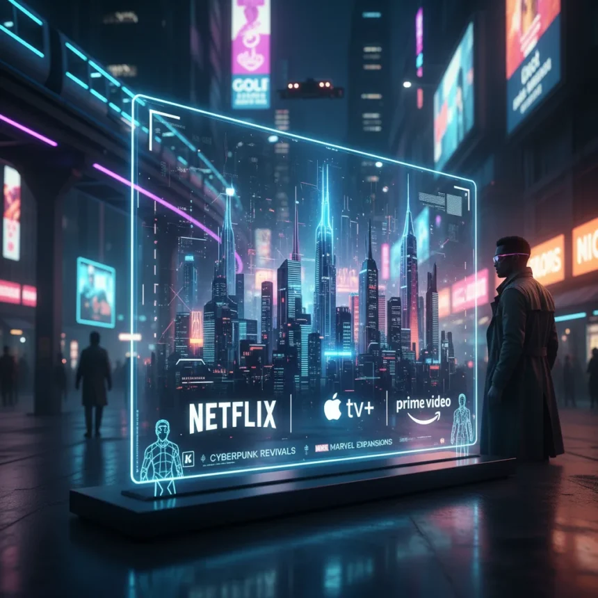 2026 sci-fi shows: cyberpunk dominates streaming platforms — AI-generated illustration