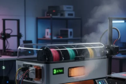 Bitcoin-mining filament dryer heats prints while earning crypto — AI-generated illustration