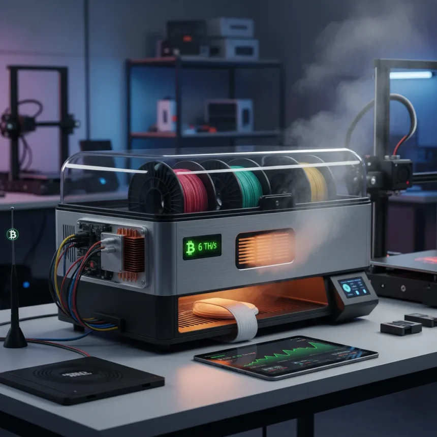 Bitcoin-mining filament dryer heats prints while earning crypto — AI-generated illustration