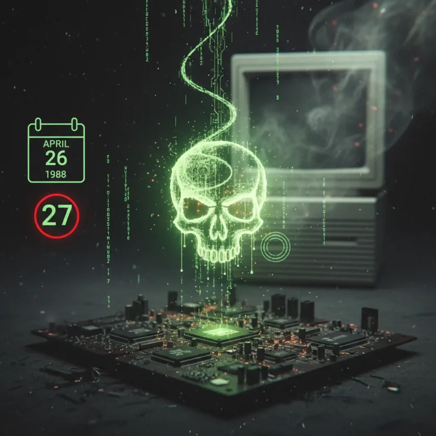 Chernobyl virus at 27: the malware that could brick your PC permanently — AI-generated illustration