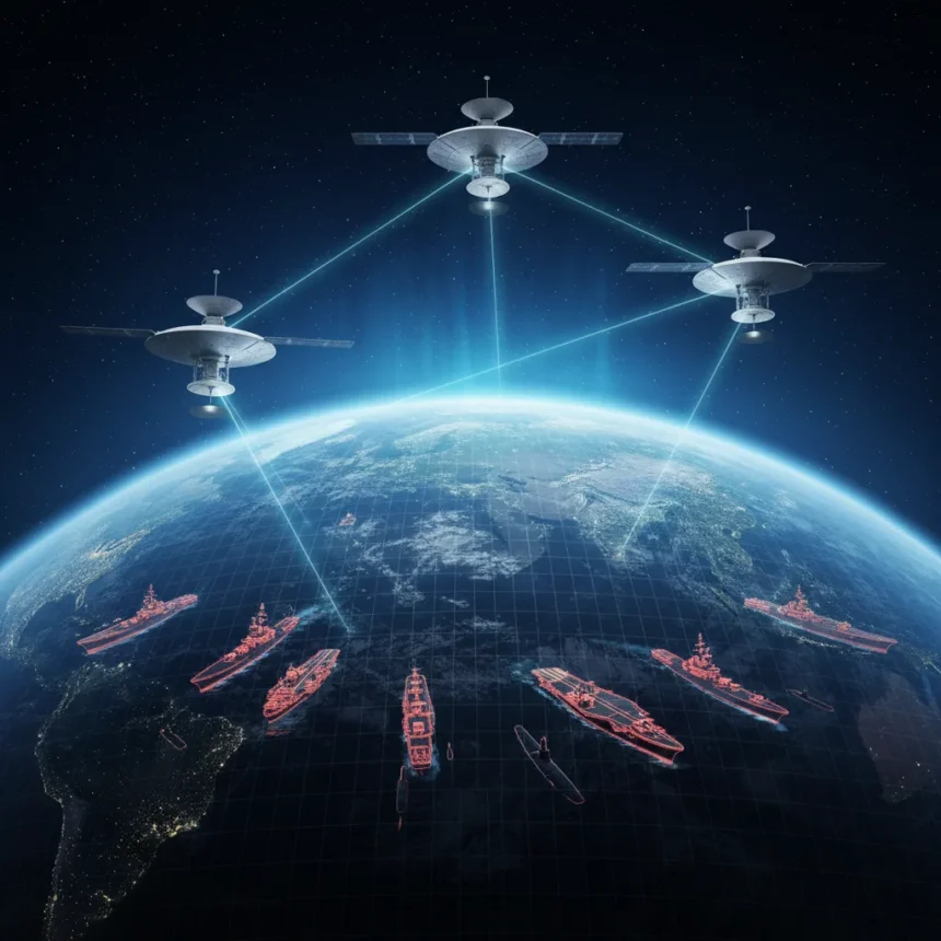 China's geosynchronous SAR satellite changes naval warfare rules — AI-generated illustration