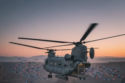CH-47 Chinook drone swarm mothership transforms warfare — AI-generated illustration